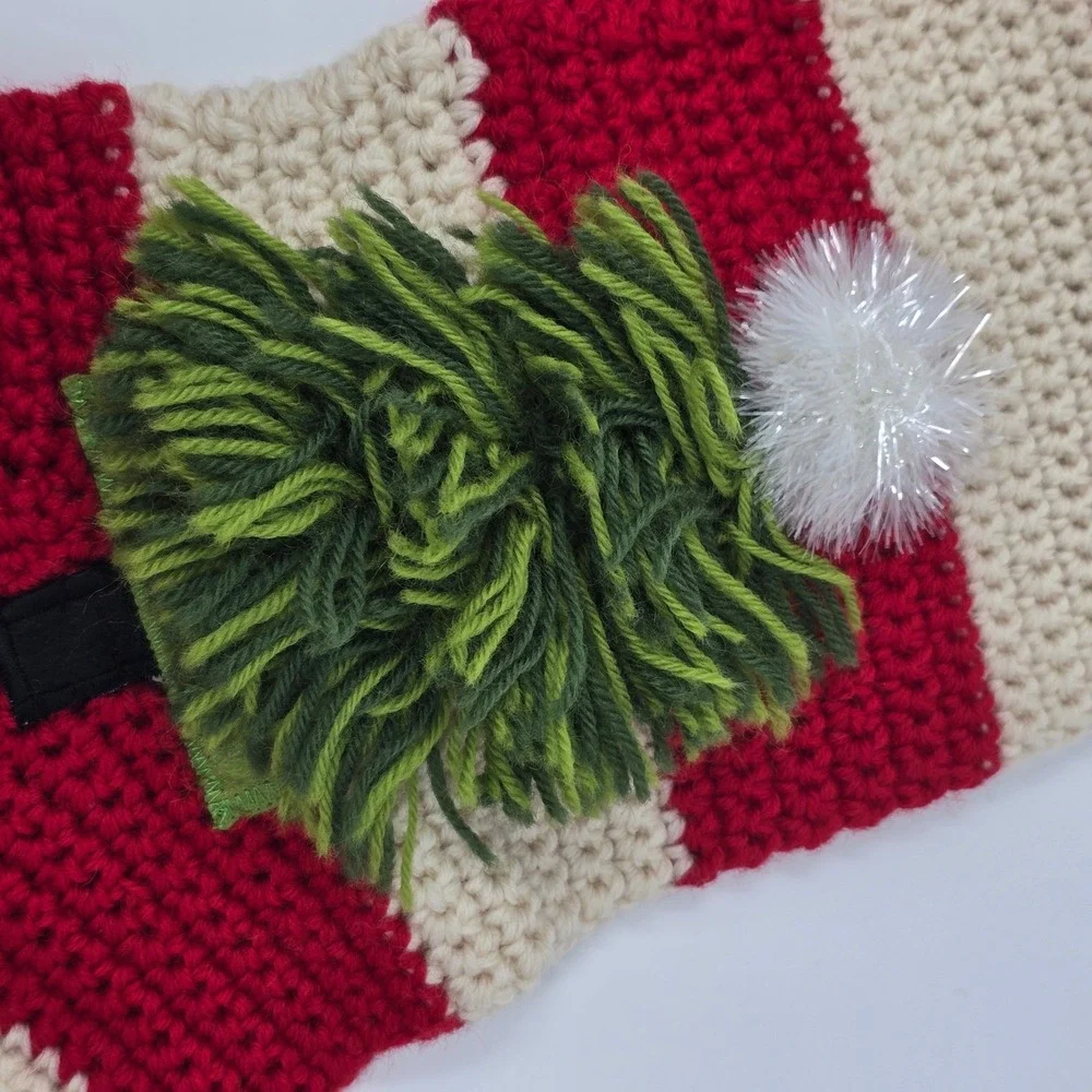 Crate & Barrel Hand-Knit Shaggy Tree Stocking Christmas Red Wool Holiday Decor